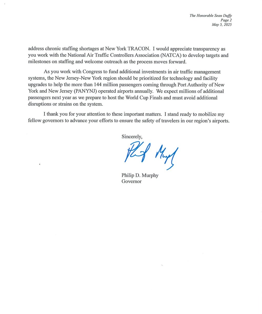 Cancellations at Newark Liberty International Airport, Governor Murphy Writes to U.S. Department of Transportation